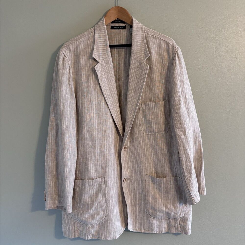 VTG Brandini Men's XL Linen Striped Sport Coat Blazer Jacket Beige Coastal Prep